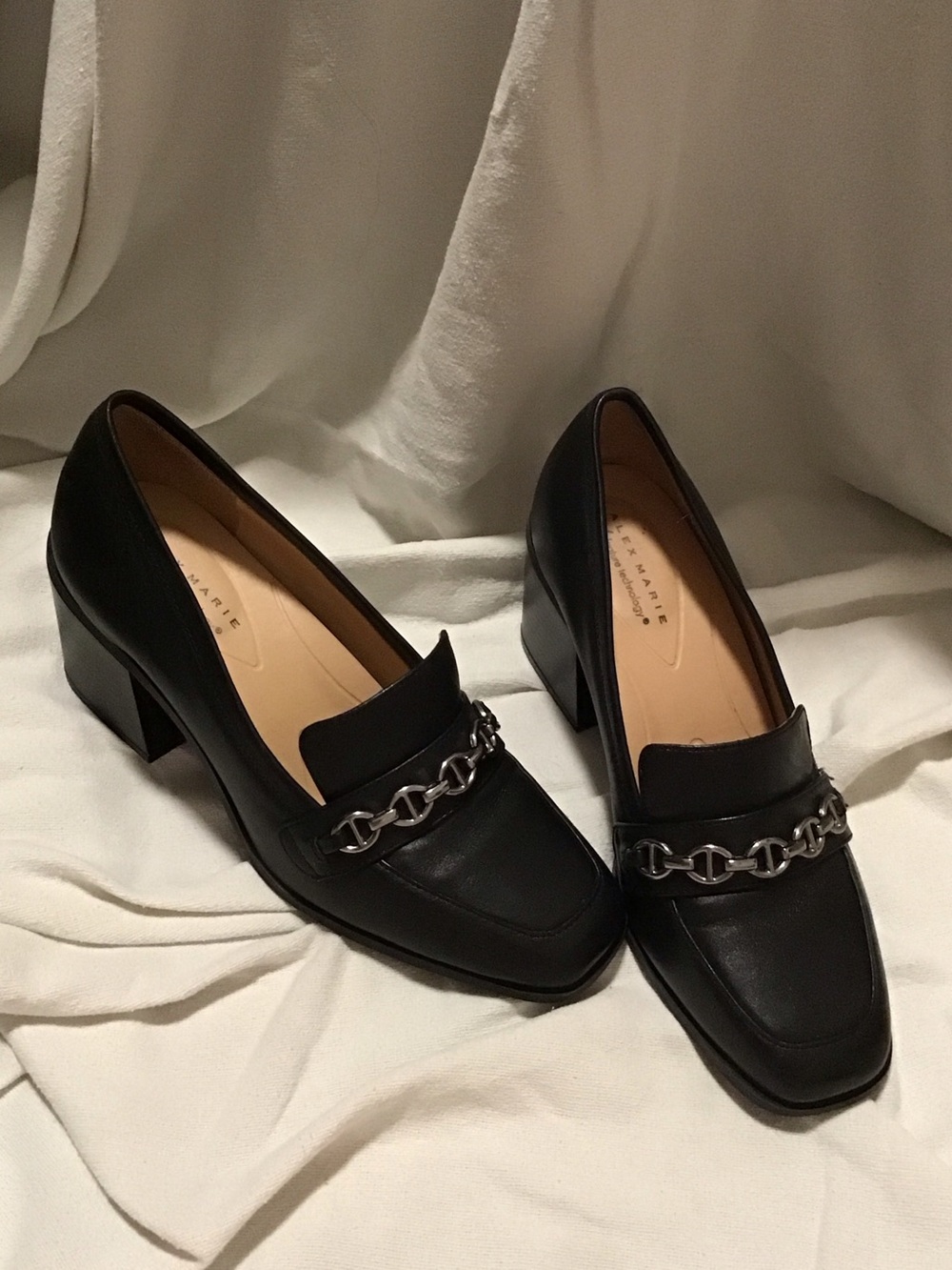 Alex Marie Black Chain-Trim Low Block Heel Loafers